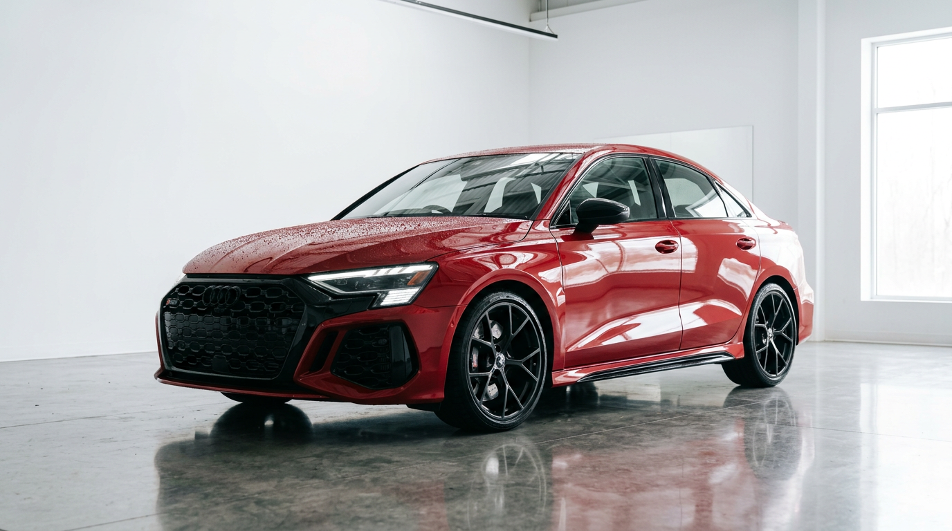 Freshly detailed red sedan with water beading on its glossy paint inside a bright studio